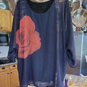 Black Floral Print Sheer Chiffon Women's Top with Red Rose Tank Inside